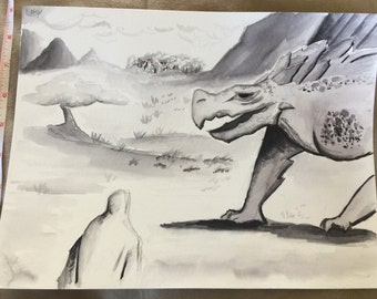 Man Meets Dragon Fantasy Landscape