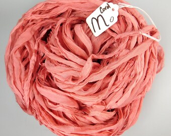 Sari Silk Ribbon, CHIFFON sari ribbon, Silk Chiffon ribbon, Coral sari ribbon, tassel supply, knitting supply, weaving supply, rag ribbon
