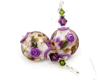 Purple Earrings, Floral Earrings, Lampwork Earrings, Glass Earrings, Glass Bead Earrings, Colorful Earrings, Flower Earrings, Unique Earring