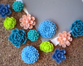 Flower Pin Board Tacks, 12 Push Pins, Teal, Lime Green, Peach Flower Thumbtacks, Wedding Decor, Stocking Stuffer, Housewarming Gift