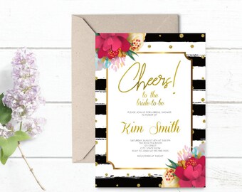 Bridal Shower Invitation | Floral Bridal Shower Invitation | Kate | Stripes Striped Invite | Gold | Black White | Print Your Own | Spade