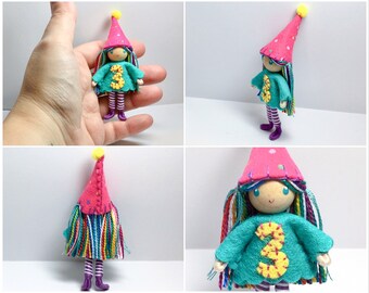 Birthday Bendy Doll by Princess Nimble-Thimble - Waldorf 3rd Third Birthday Party Cake Topper Girl, Bendable Felt Doll, Cupcake Party Favor