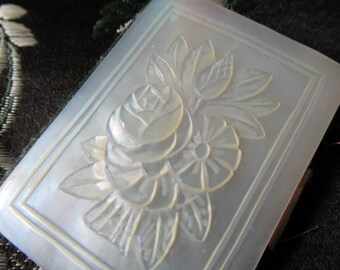 Antique mother of pearl needle holder sewing notion collectable pin needle case Regency early Victorian era miniature book sewing item