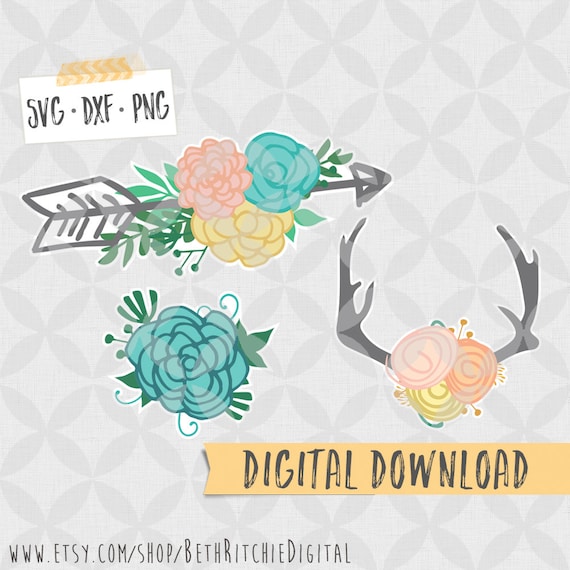 Floral Antlers and floral arrow SVG DXF PNG Digital Download