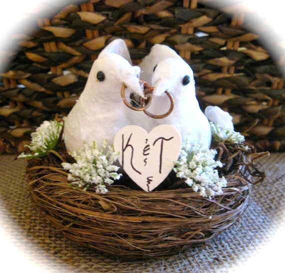 Personalized Rustic Wedding Cake Topper with Wedding Dove Couple in Nest with White or Ivory Accent Flowers