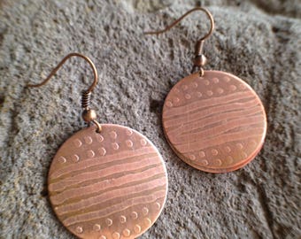 Line/Dot Etched Copper Disc Earrings, handmade