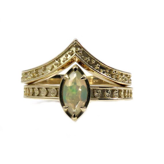 Moon Phase Engagement Ring with Stardust Chevron Wedding Band - Opal, Moonstone, Labradorite, Black Spinel or Carnelian Marquise