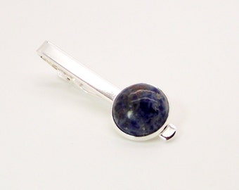 Silver Tie Clip Featuring Blue Sodalite Stone - Blue Tie Bar - Blue Tie Clip - Sodalite Tie Clip