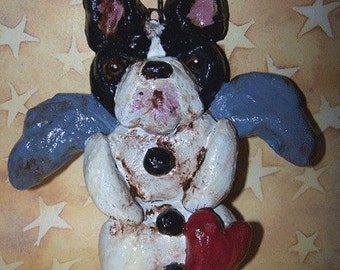 Folk Art Boston Terrier Dog Doll Ornament Snow Angel