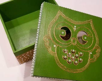 Green and Gold Owl Jewelry Box