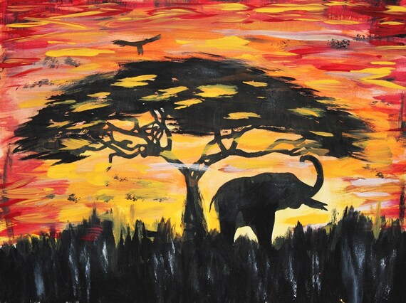Elephant Silhouette African sunset Original painting print