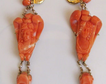 Engraved Coral yellow gold Earrings