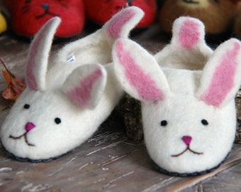 Handmade children's bunny slippers made from merino wool