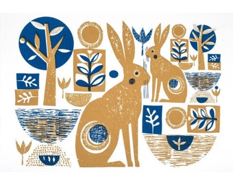 Yellow and blue hares limited edition screenprint by Jane Ormes