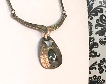 modernist, vintage hammered silver + hematite necklace, costume jewelry