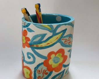 Whimsical pottery Vase - Pencil Cup colorful home decor, turquoise & orange hand-painted floral