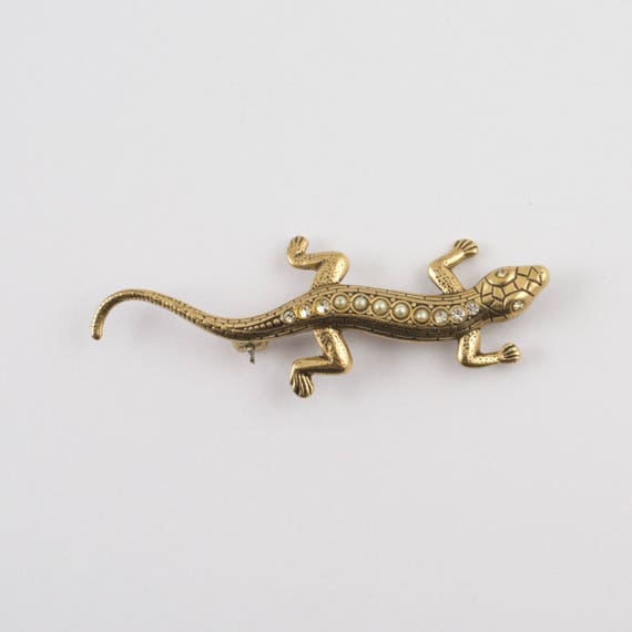 Vintage Gold Tone Lizard Brooch Set With Paste & Pearls