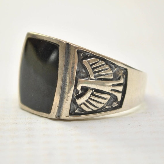 Onyx Curved Square Phoenix Bird in Sterling Silver Ring Sz 10 #8741