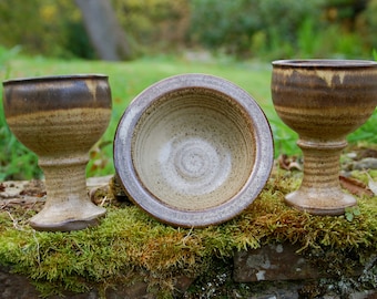 2 Stoneware Chalices / Goblets and Offering Bowl/Vessel- Handfasting - Pagan - Wicca - Ritual - Witchcraft - Solstice