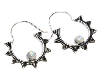 White Brass Moonstone Gemstone Hoop Earrings Tribal Earrings Mandala Jewellery Free UK Delivery Gift Boxed WB54