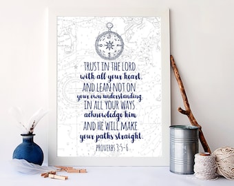 Trust in the Lord, With all your heart, Nautical Bible Verse Art Print, Nautical Home Decor, Christian Wall Art, Baby Nursery Art, A-1300