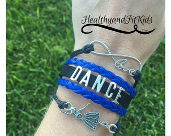 Dance bracelet charm love infinity, dancer charm, black, royal blue, silver charms, wrap bracelet, dance team, drill, company, high school