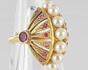 Bague ancienne Perles Rubis dôme Or 18K Vintage
