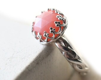 Pink Opal Ring, Natural Peruvian Opal Engagement Ring, Personalized Sterling Silver Celtic Style Ring, Custom Engraved Andean Opal Jewelry
