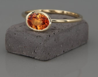 14 Gold Ring set with Natural Orange sapphire | Handmade solid 14k gold ring set with a natural orange sapphire gem | Orange sapphire Ring
