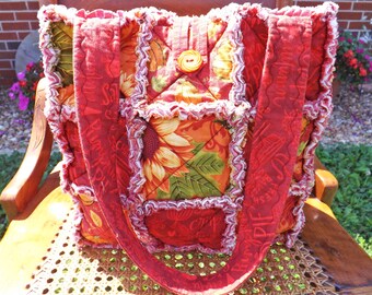 Autumn Rag Quilt Tote - Pumpkins, Flowers, Fall Words - Autumn Flower Tote - Gift for Her - Mother's Day - Autumn Colors Tote