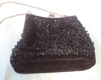 vintage beaded bag, black beaded bag, vintage purse, black evening bag, black beaded purse, 90s does 50s, 50s costume