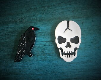 Ceramic Raven and Skull Magnets