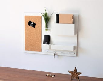 Wall Organizer - wooden, on the wall, hanger for keys, mail, newspapers, pin board, white, 24,8 " x 17,9 ",