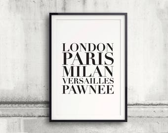 Parks and Rec, Parks and Recreation Poster, Pawnee, List of Cities, Quote, Digital Typography Poster