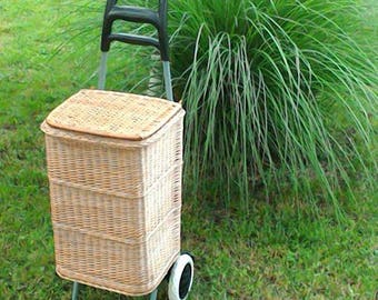 Wicker Shopping Trolley, Wicker Shopping Basket Trolley, Willow Shopping Basket Trolley, Wicker Shopping Bag on Wheels, Wicker Shopping Cart