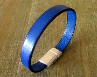 Leather bracelet for men, Blue Denim, 10MM magnetic silver plated clasp
