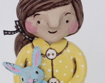 Spring Girl with bunny Original polymer clay folk art sculpture