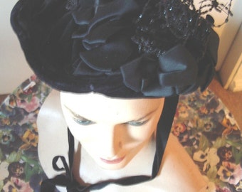 Original 1870s Victorian Velvet Spoon Bonnet Ribbon/Jet Trim Item #848 Hats