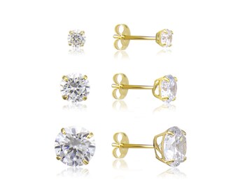14K Solid Yellow Gold Cubic Zirconia Round Solitaire Stud Earrings 2-7mm
