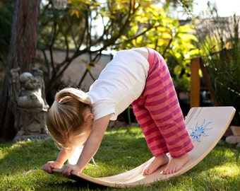 Curvy Board/Balance Board: The Original Waldorf Rocker Board- Natural Finish with a Green Sunburst
