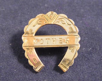 Antique Victorian era Mother lucky horseshoe brooch circa 1900s . Vintage Good Luck Brooch name pin Mother's Day silver plated on brass