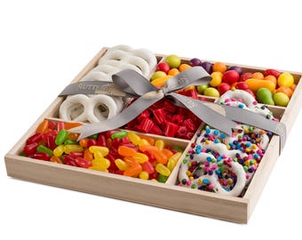 The Nuttery Deluxe Wooden 5 Section - Candy and Chocolate Rainbow Colored Sweet Delights Gift Basket