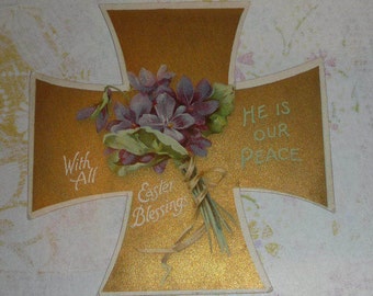 Gold Easter Cross With Violets Antique Card NISTER