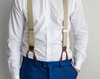 Beige button leather suspenders, Men's button braces, Light brown wedding groomsmen suspenders