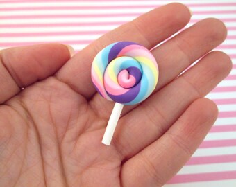 3 Pastel Polymer Clay Lollipop Cabochons Fake Candy, #246