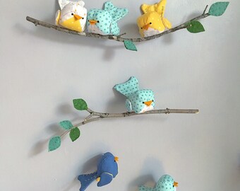 Baby birds mobile in yellow and aqua / Grand mobile oiseaux en turquoise et jaune