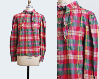 Vintage 80s Ralph Lauren Plaid Shirt PUFF Sleeve Blouse Shirt Western Country Tartan Button Down Top / 1980s Pink Green Long Sleeve Medium