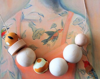 OOAK Handmade Polymer Clay and Wood Necklace - Estonia Collection - Squiggle Woody