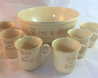 Vintage 1950’s Tom and Jerry Punch Bowl Set, Homer Laughlin, Rare 7 piece set, Excellent Condition, Made in USA
