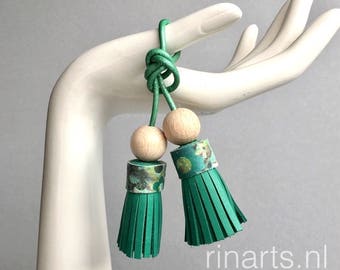 tassel bag charm / tassel keychain / DUO tassel purse charm in sea green leather. Double tassel bag charm. Womens gift